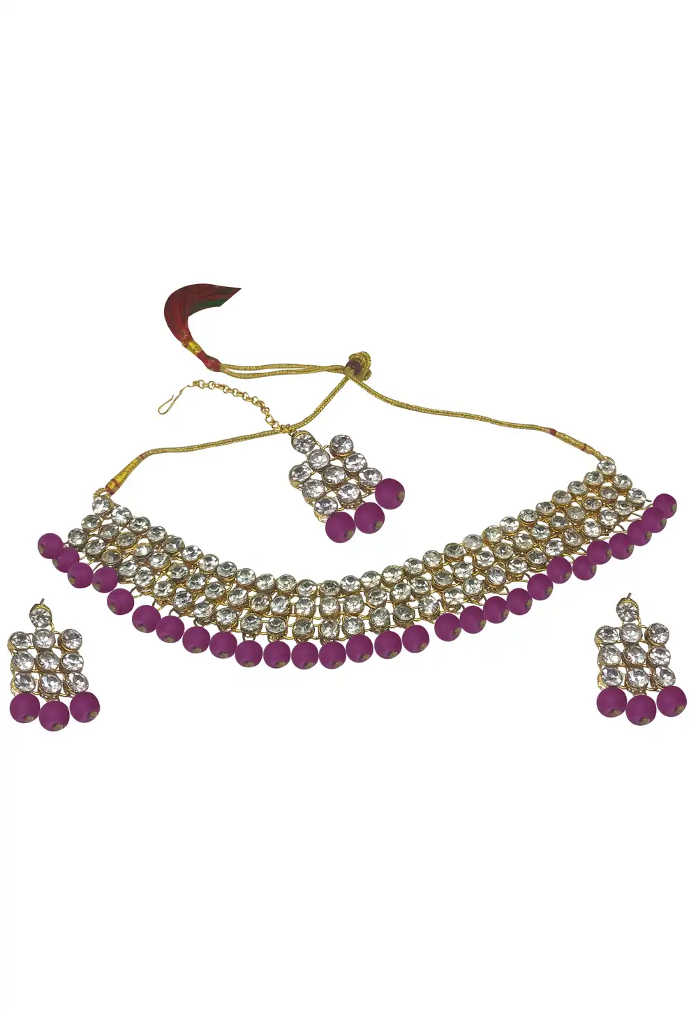 Purple Alloy Austrian Diamonds and Kundan Necklace Set With Earrings and Maang Tikka 289935