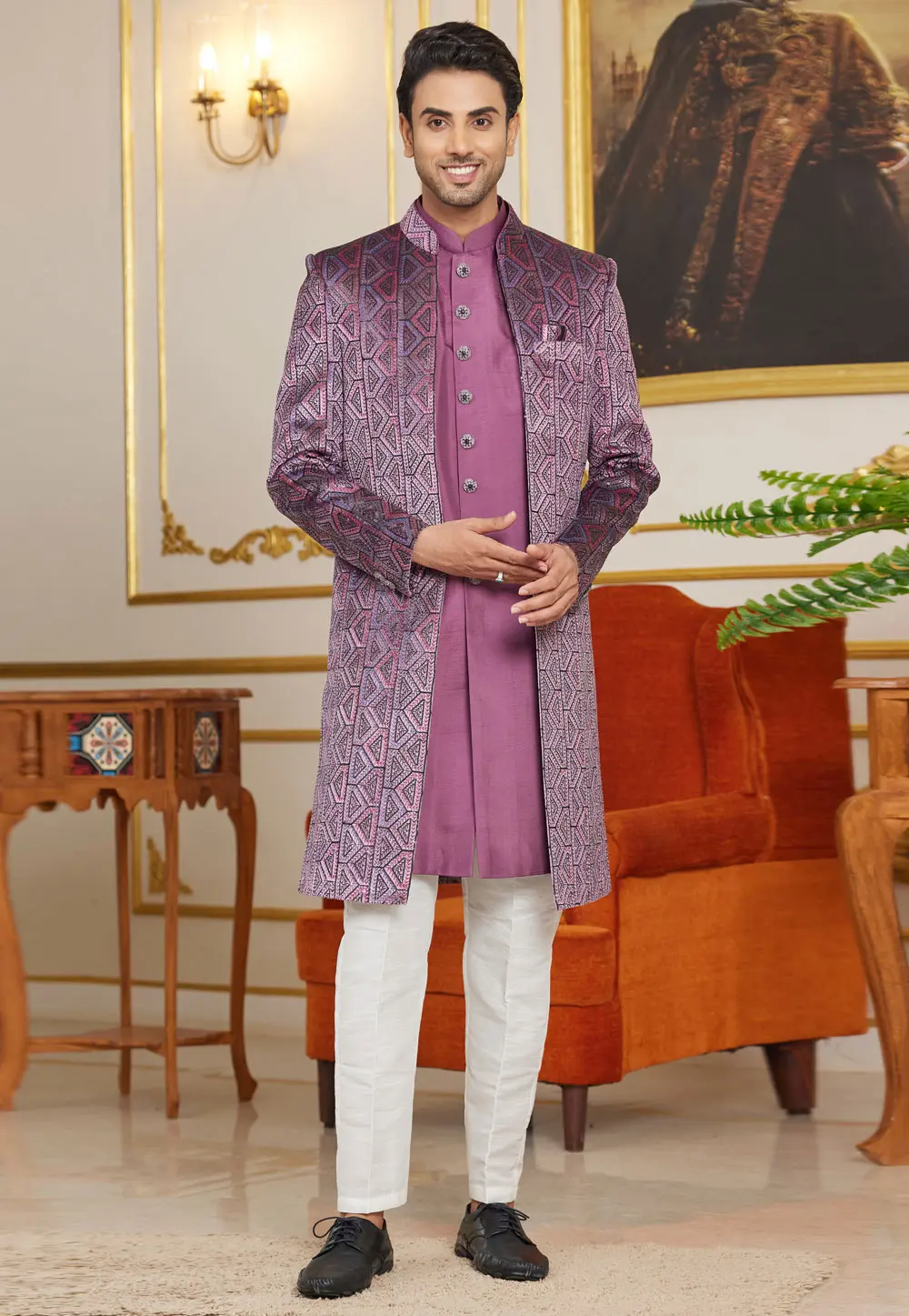 Purple Art Silk Jacket Style Sherwani 302209