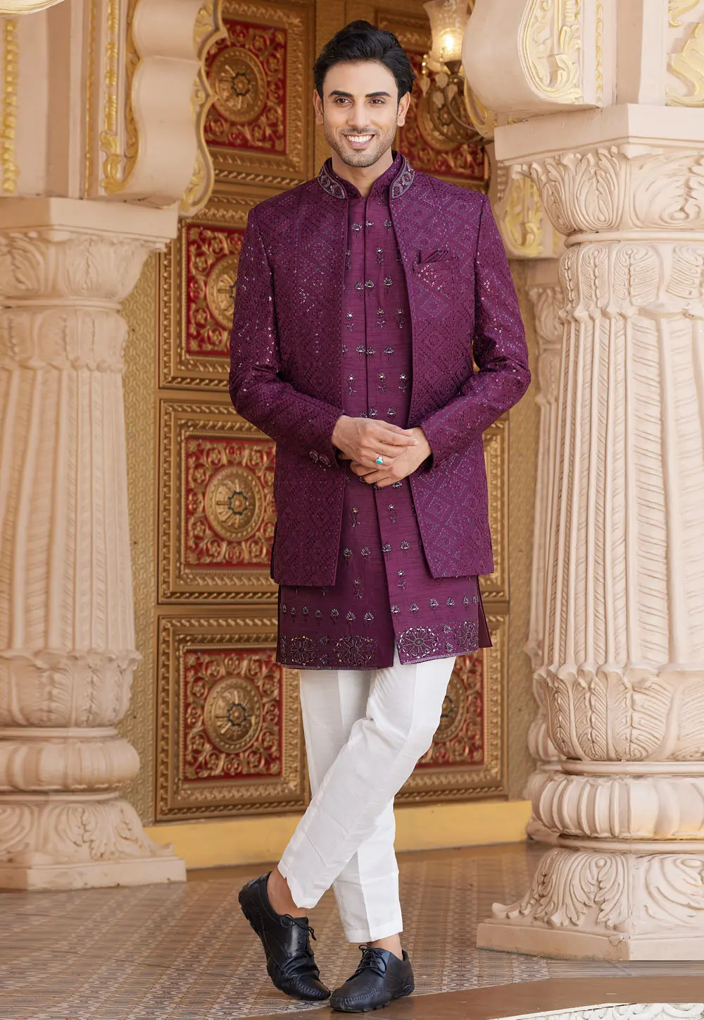 Purple Art Silk Jacket Style Sherwani 304348