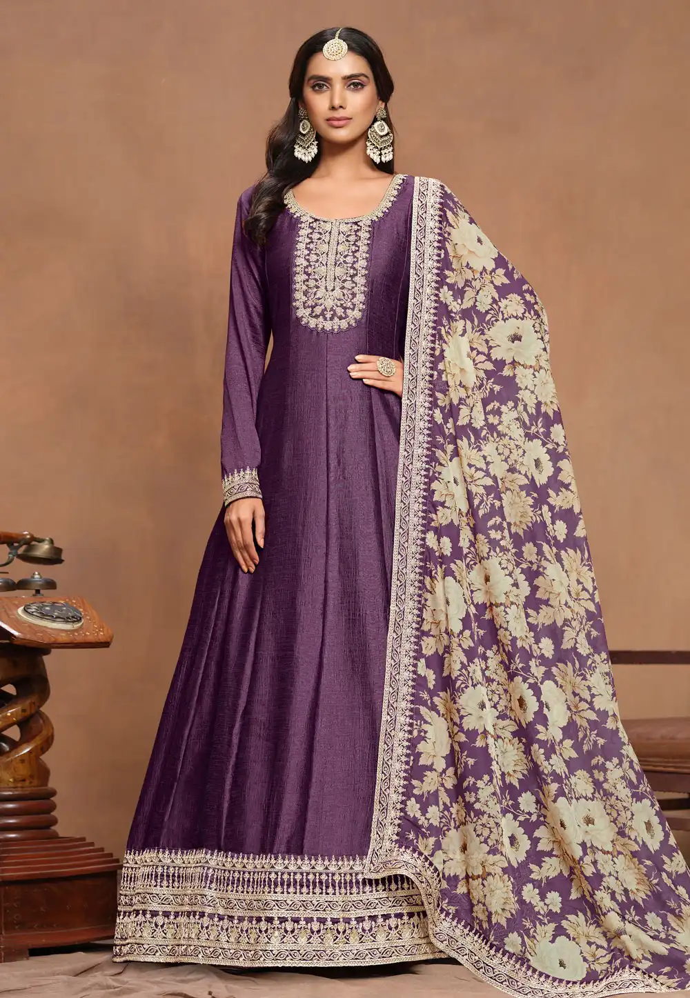 Purple Art Silk Long Anarkali Suit 293551