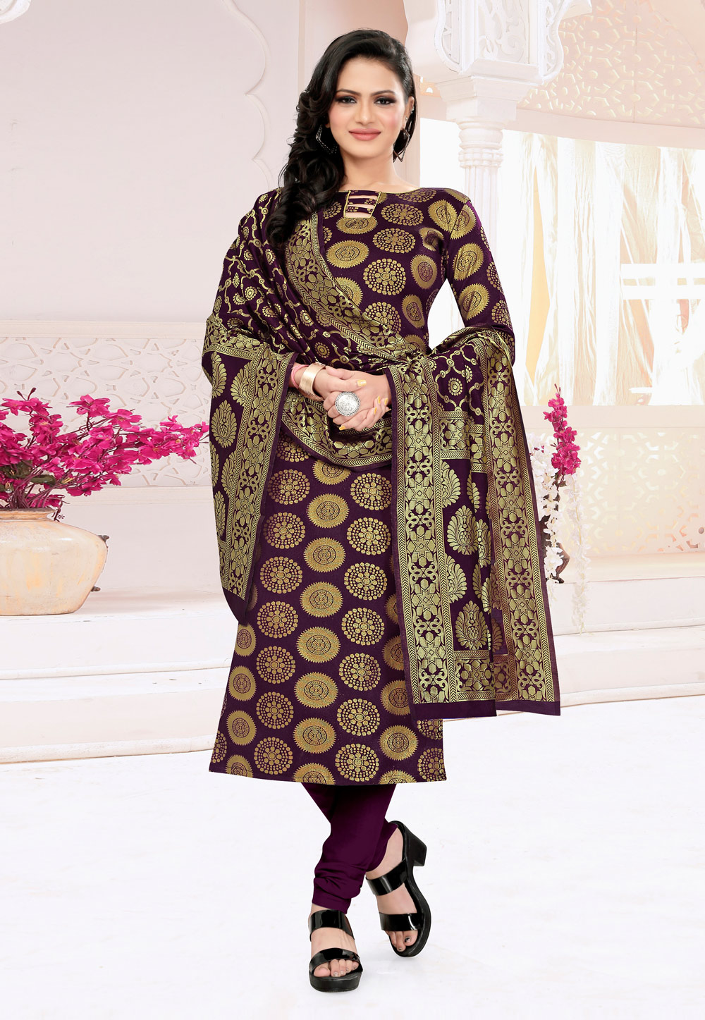 Purple Banarasi Silk Churidar Suit 278412