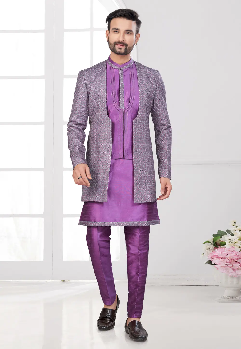 Purple Banarasi Silk Indo Western Suit 295623