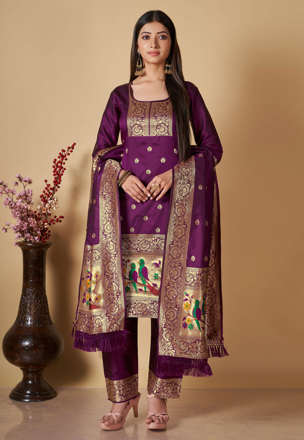 Purple Banarasi Silk Pakistani Suit 285421