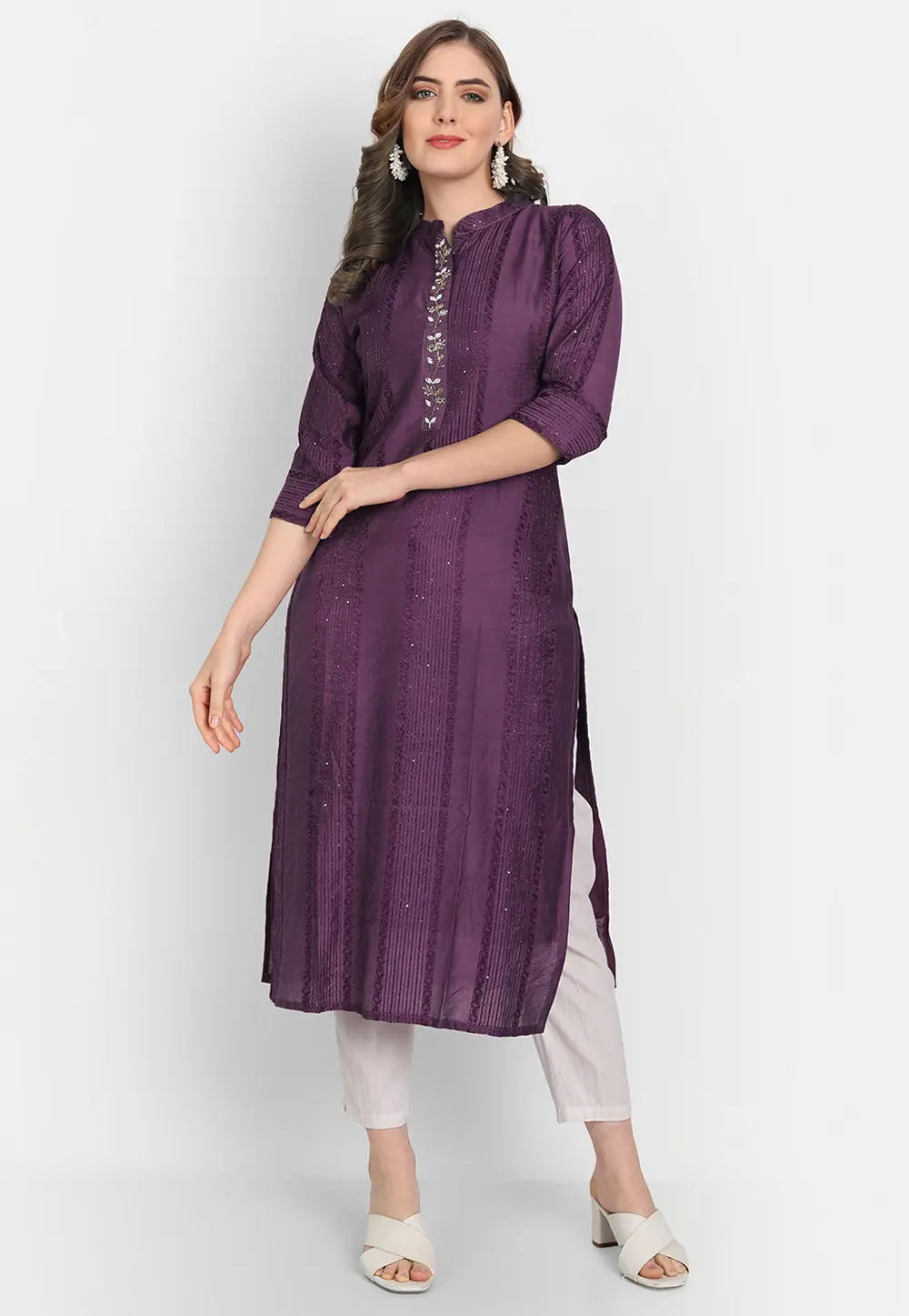 Purple Cambric Cotton Long Kurti 300498