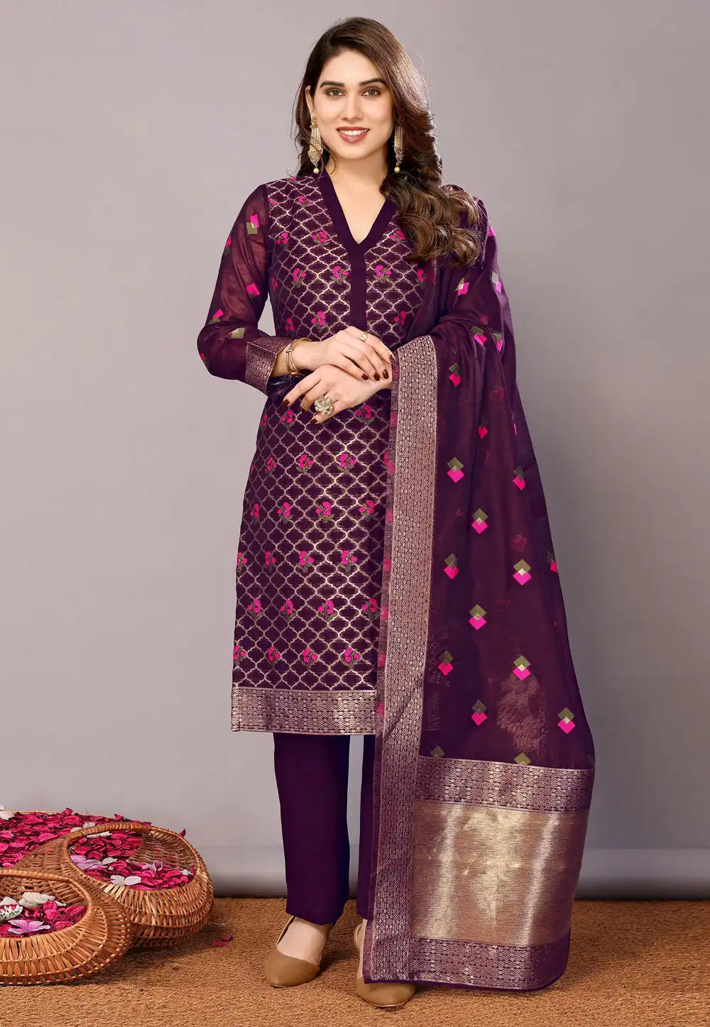 Purple Chanderi Cotton Readymade Pakistani Suit 290762