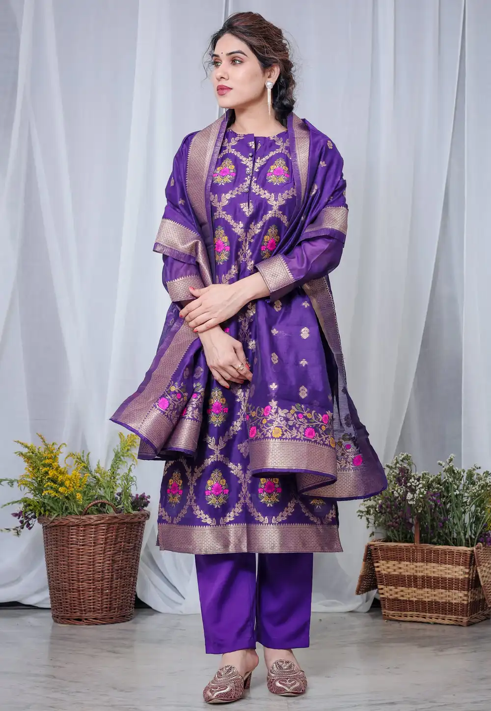 Purple Chanderi Cotton Readymade Pant Style Suit 290767