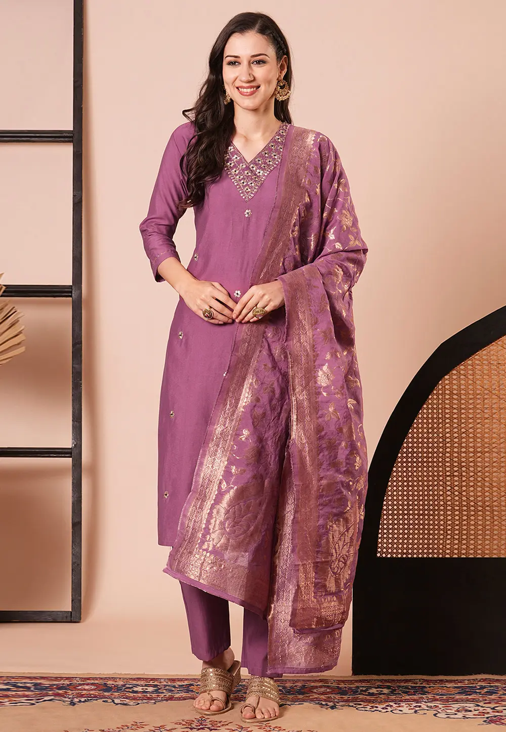 Purple Chanderi Readymade Pakistani Suit 299702