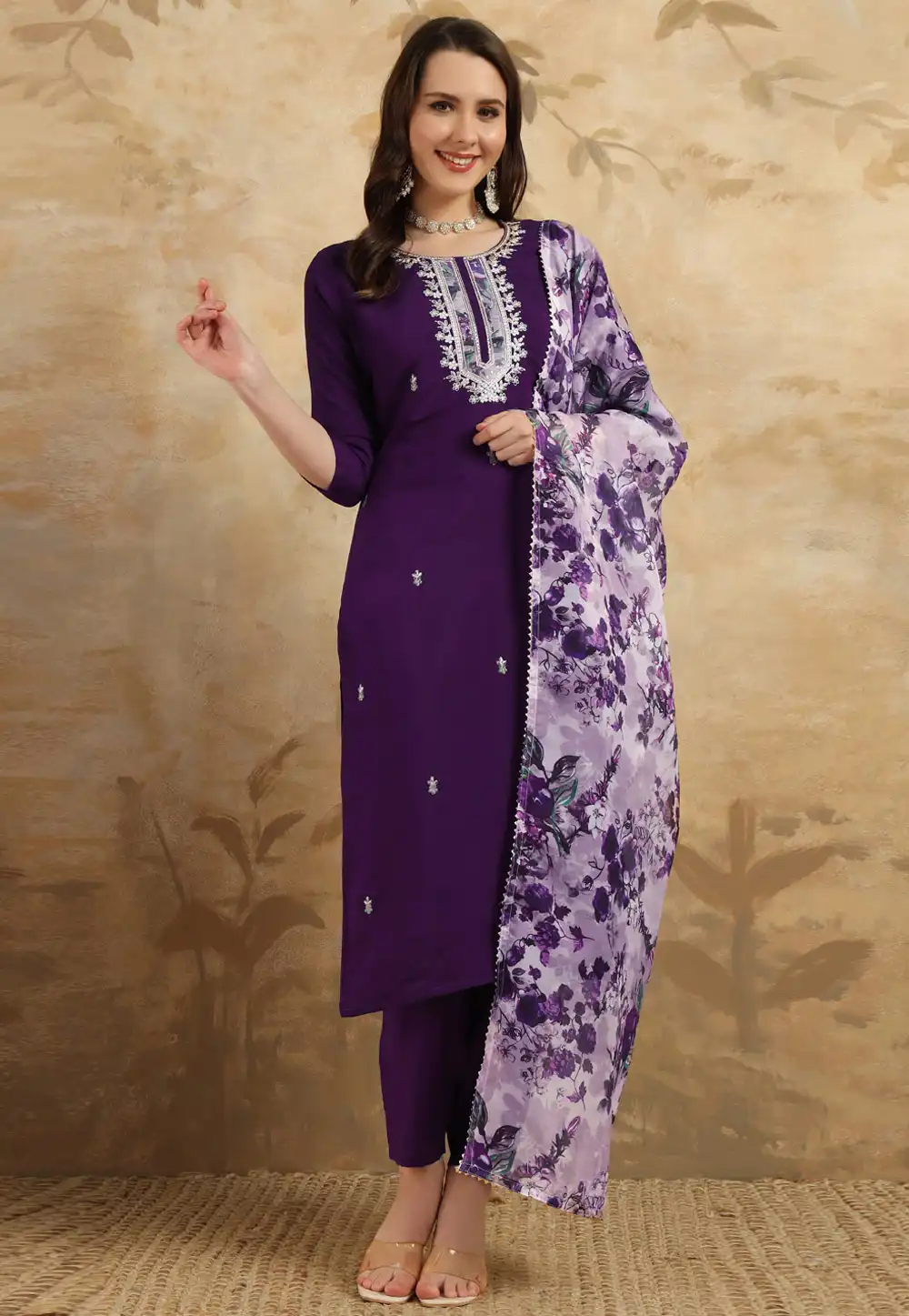 Purple Chanderi Readymade Pant Style Suit 293850