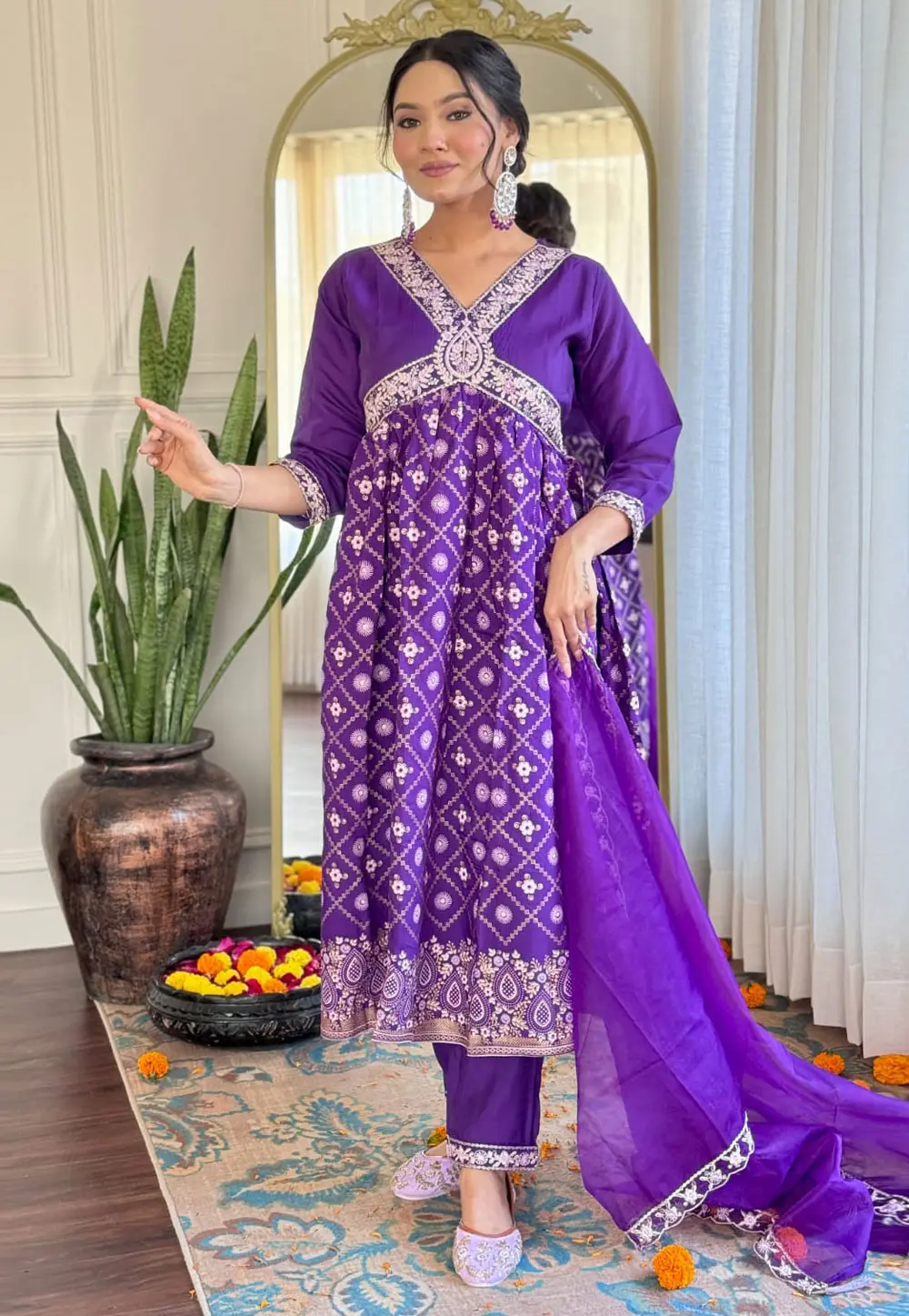 Purple Chanderi Silk Readymade Pant Style Suit 303840