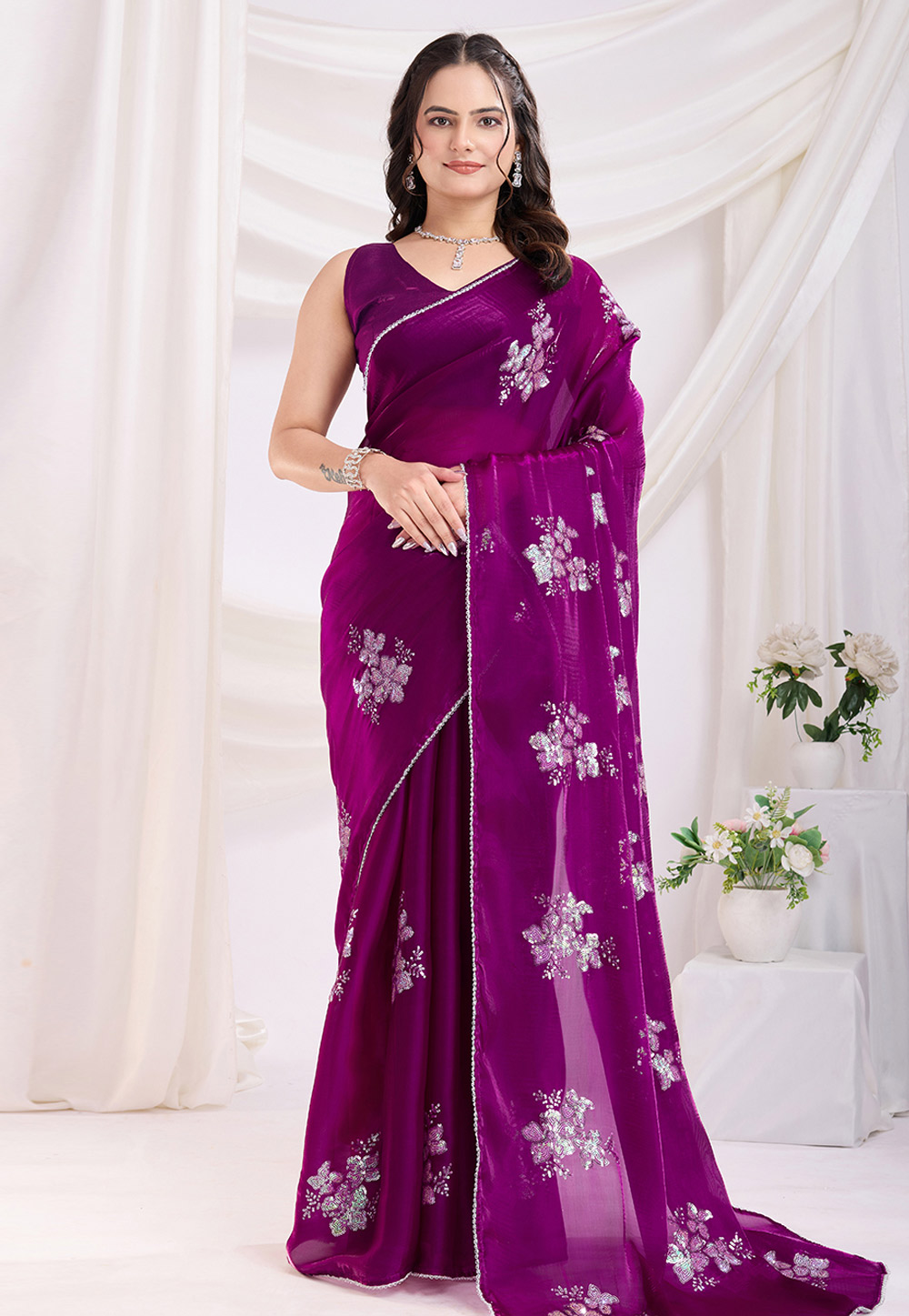 Purple Chiffon Saree With Blouse 305611