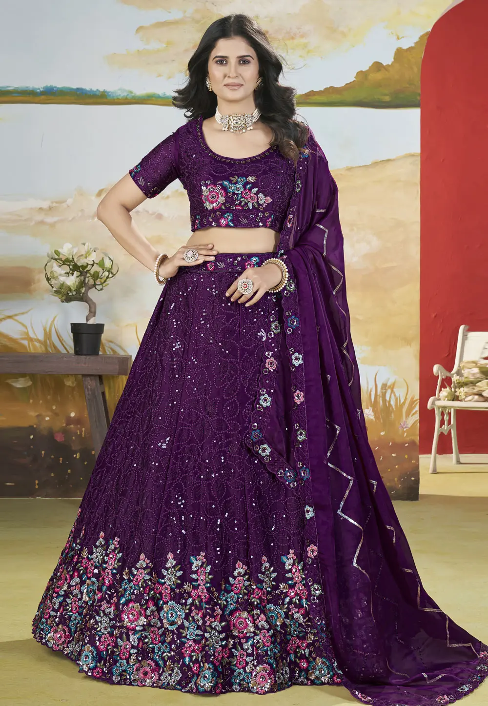 Purple Chinon A Line Lehenga Choli 302926