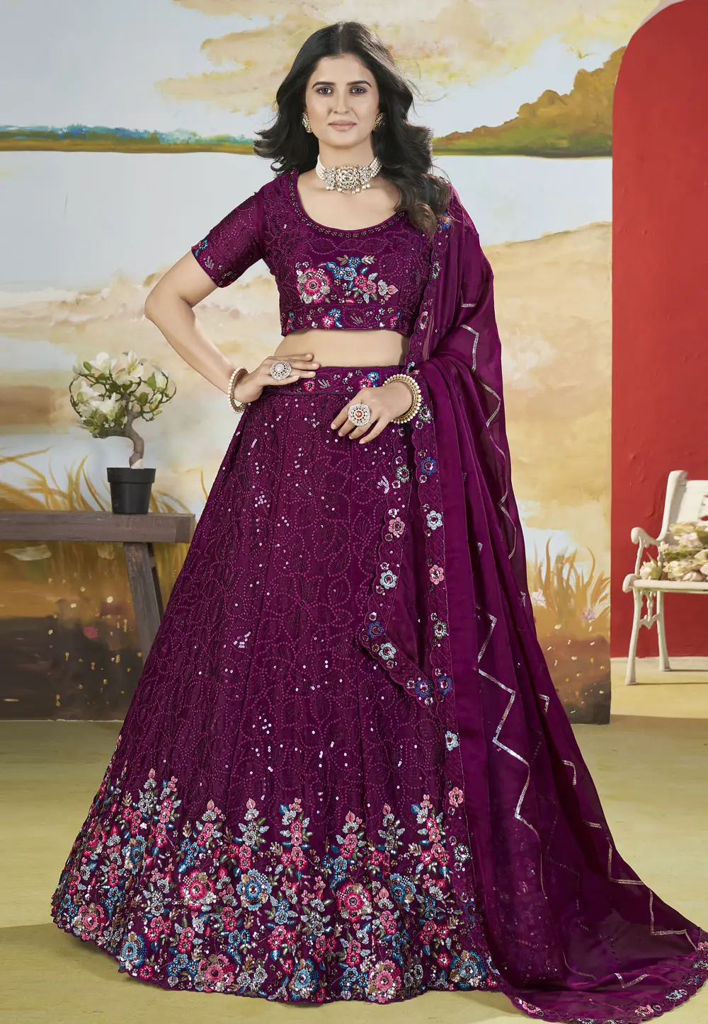 Purple Chinon A Line Lehenga Choli 302930