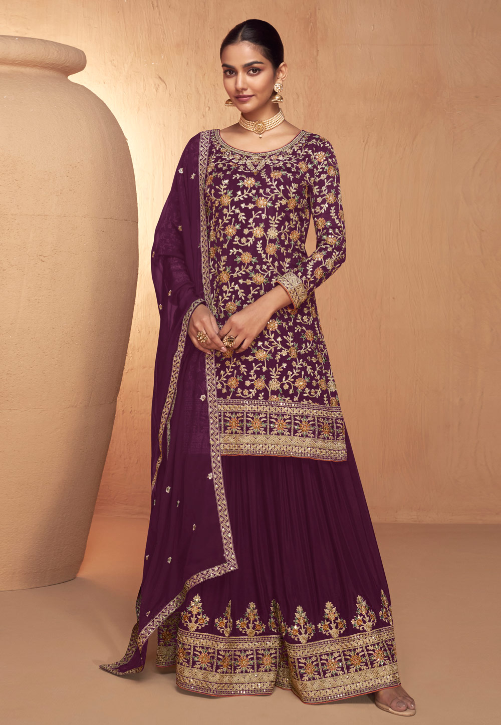 Purple Chinon Embroidered Gharara Suit 285842