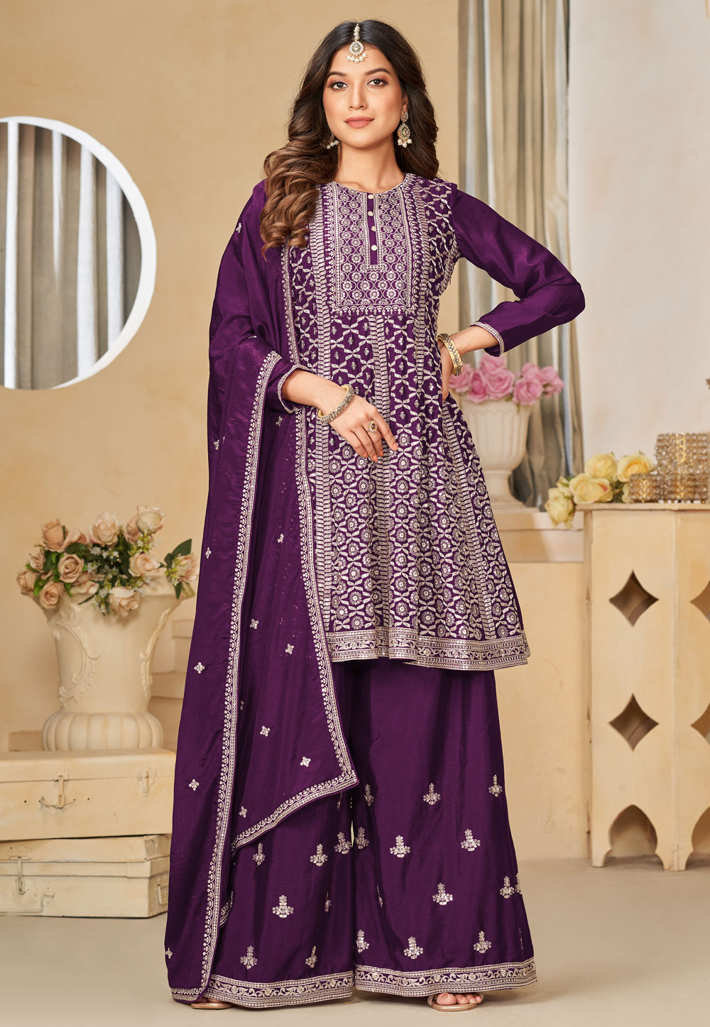 Purple Chinon Embroidered Pakistani Suit 284345