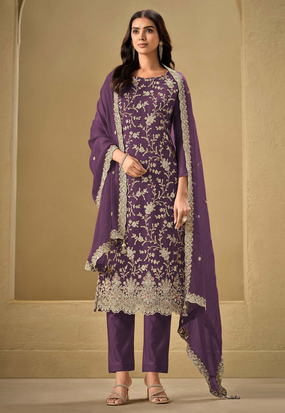 Purple Chinon Embroidered Pakistani Suit 305311