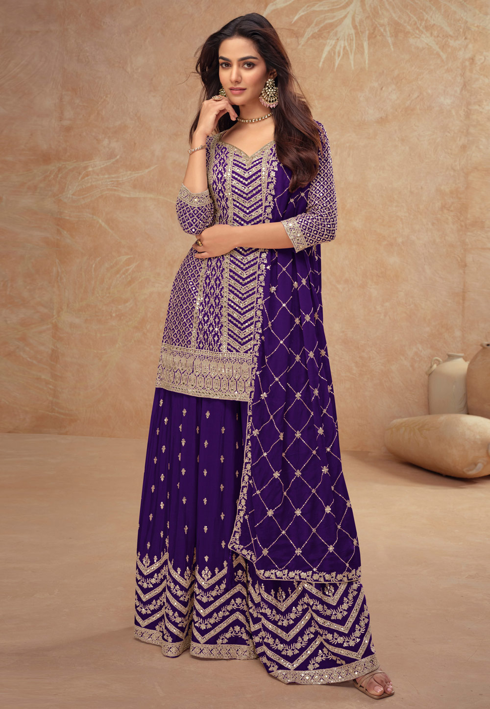 Purple Chinon Embroidered Pakistani Suit 305708