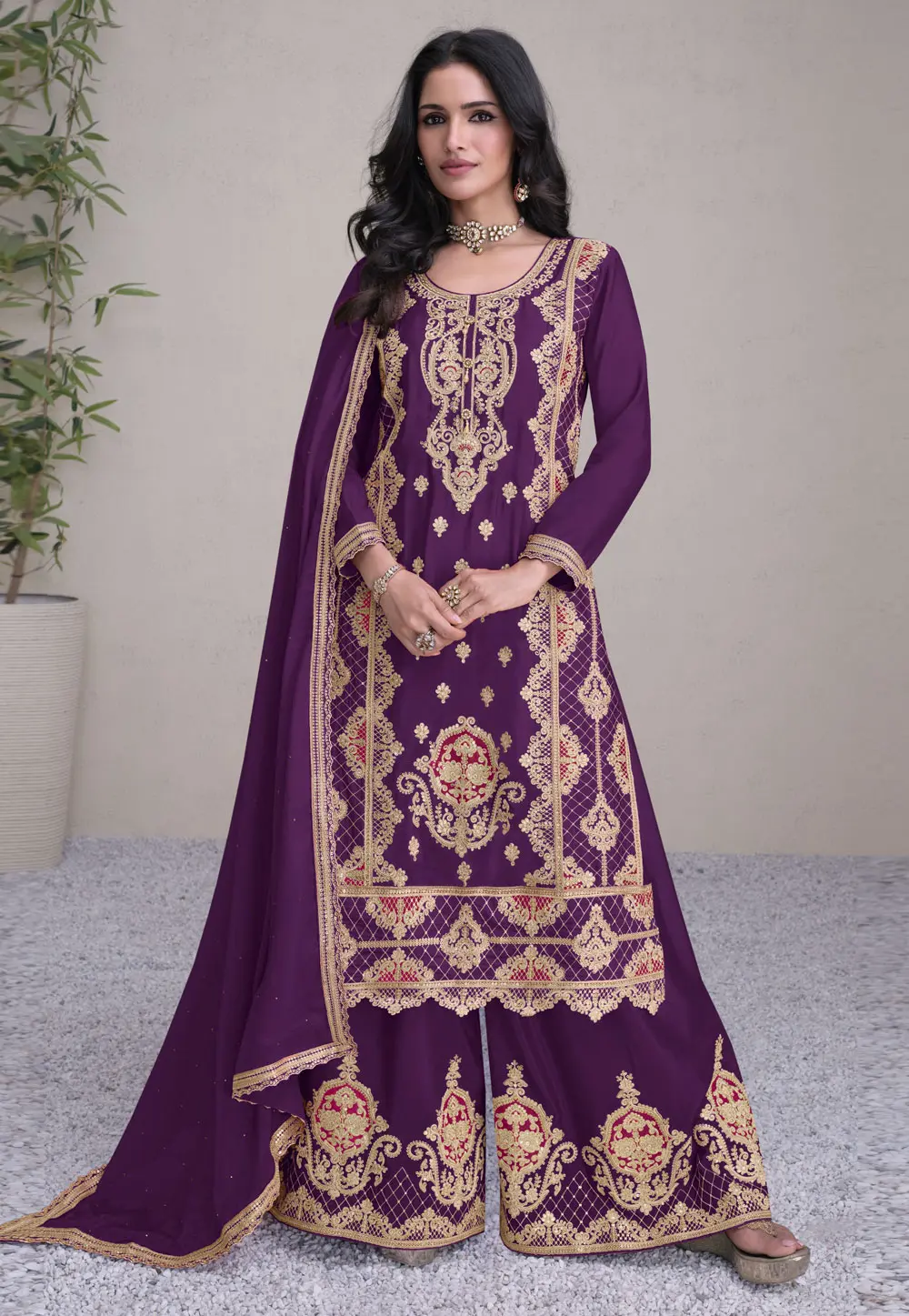 Purple Chinon Embroidered Palazzo Suit 297580