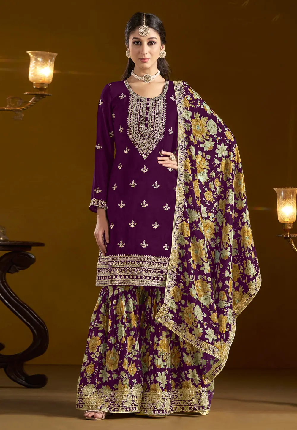 Purple Chinon Gharara Suit 297453