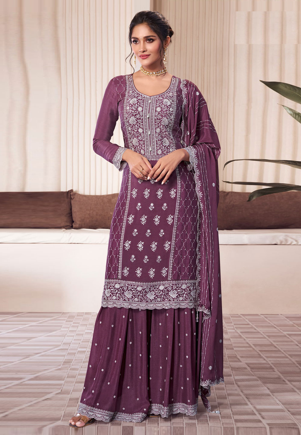 Purple Chinon Gharara Suit 309736