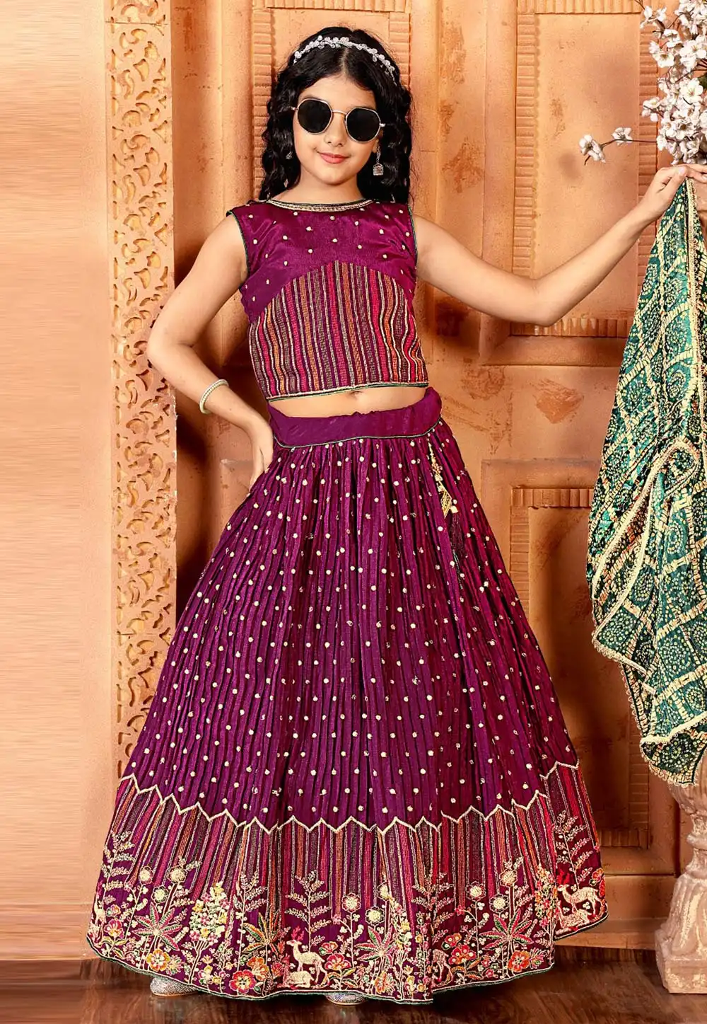 Purple Chinon Kids Lehenga Choli 293892