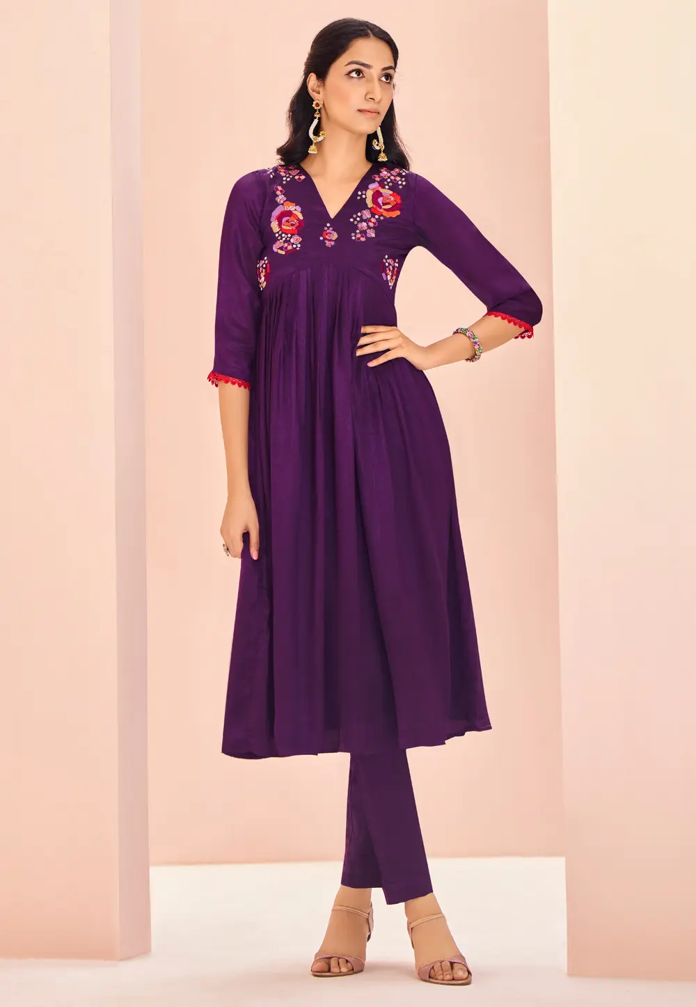 Purple Chinon Kurta Set With Pent 298456