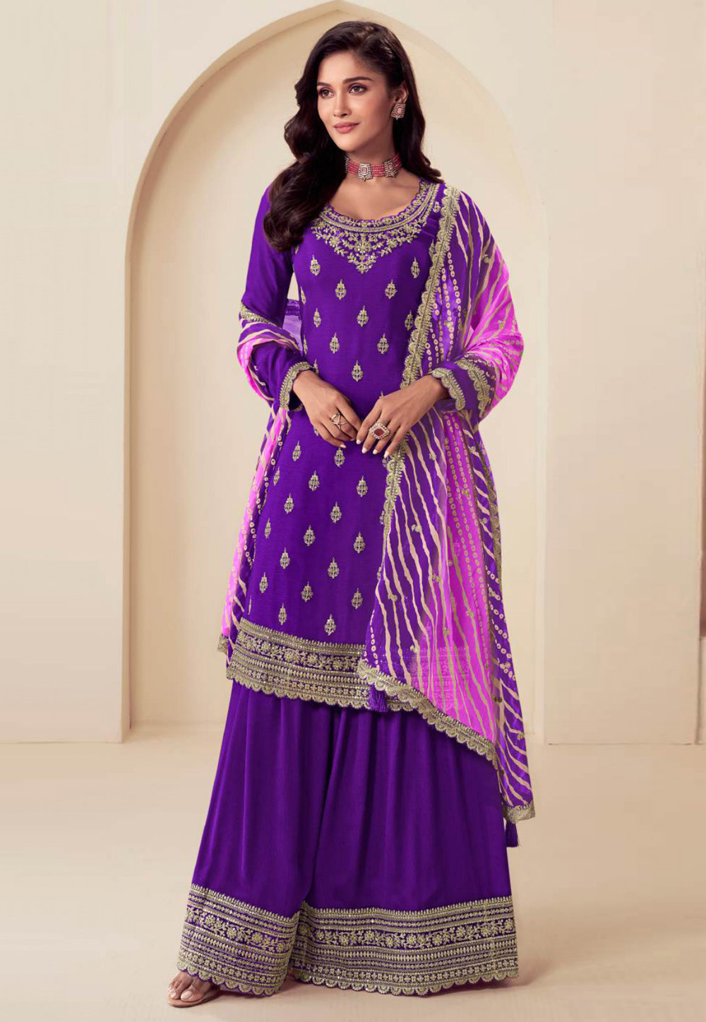 Purple Chinon Palazzo Suit 305329