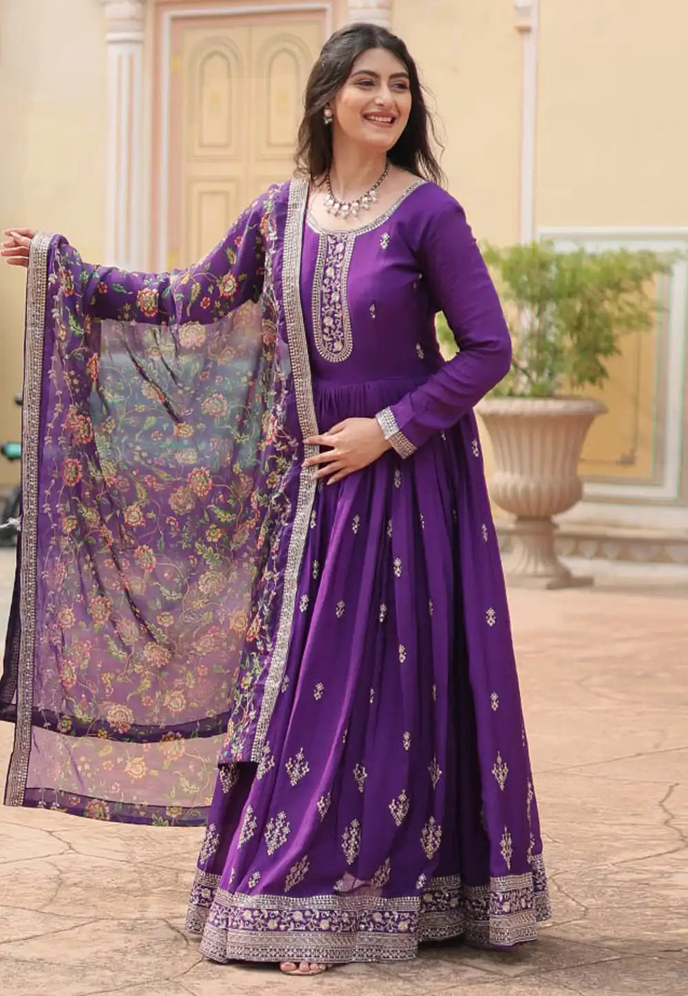 Purple Chinon Readymade Anarkali Suit 293614