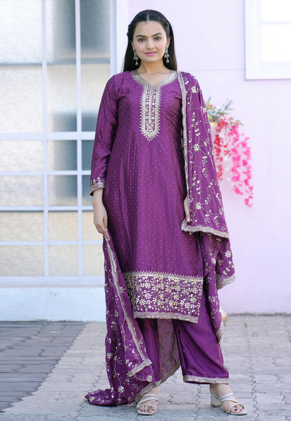 Purple Chinon Readymade Pakistani Suit 309955