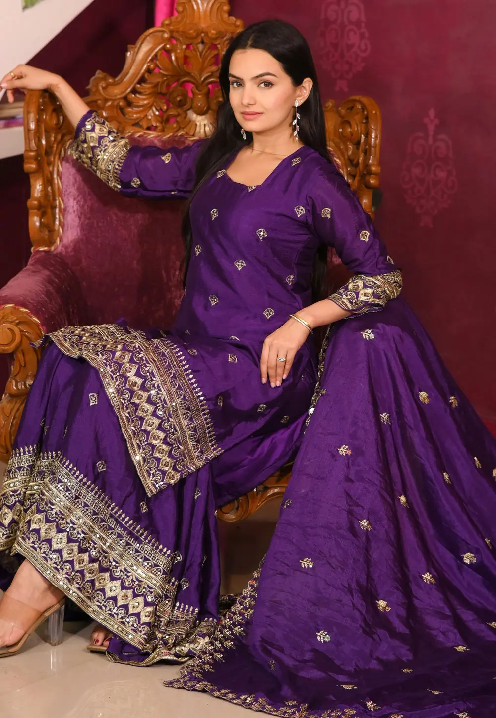 Purple Chinon Readymade Palazzo Suit 301676