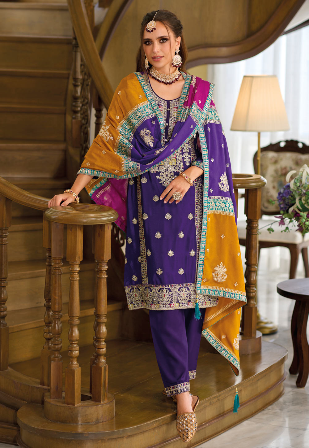Purple Chinon Readymade Pant Style Suit 283464
