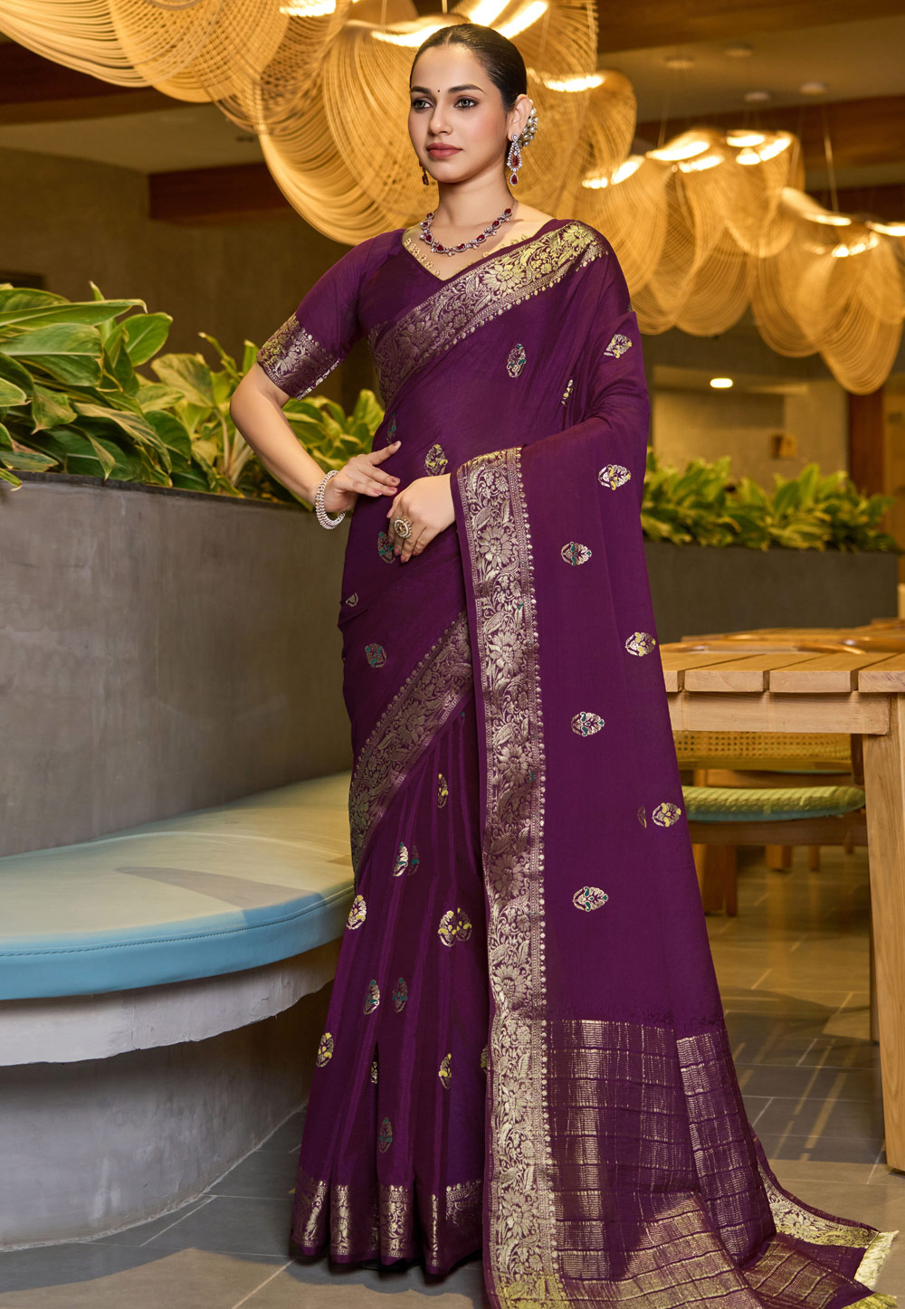 Purple Chinon Saree With Blouse 309636