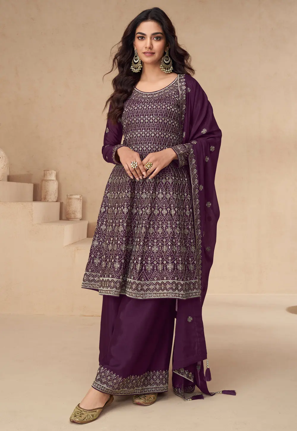 Purple Chinon Silk Embroidered Palazzo Suit 300387