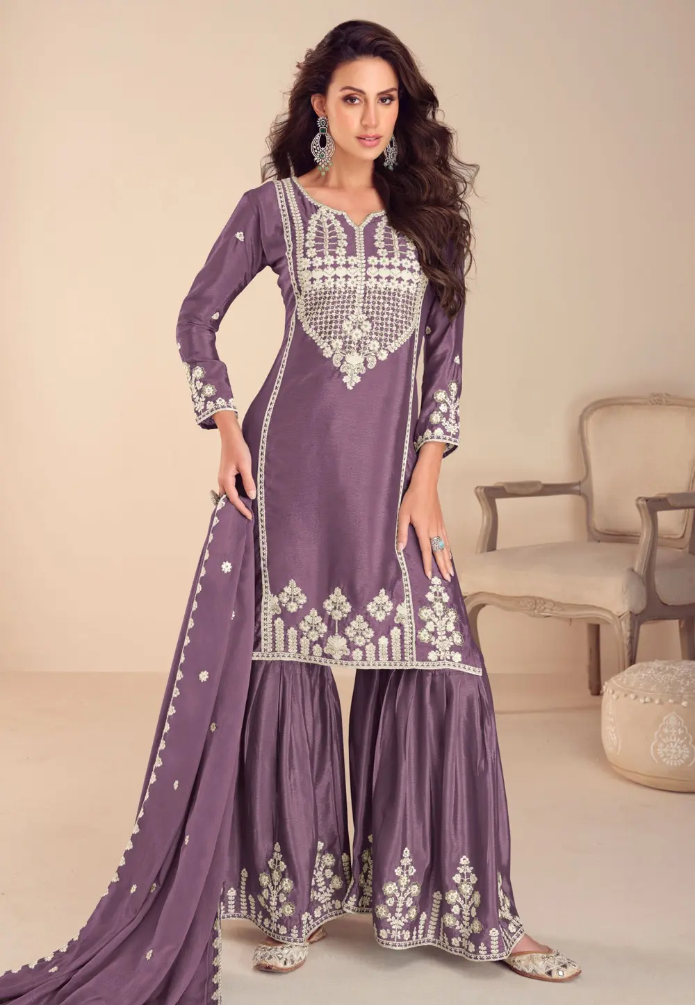 Purple Chinon Silk Gharara Suit 297289