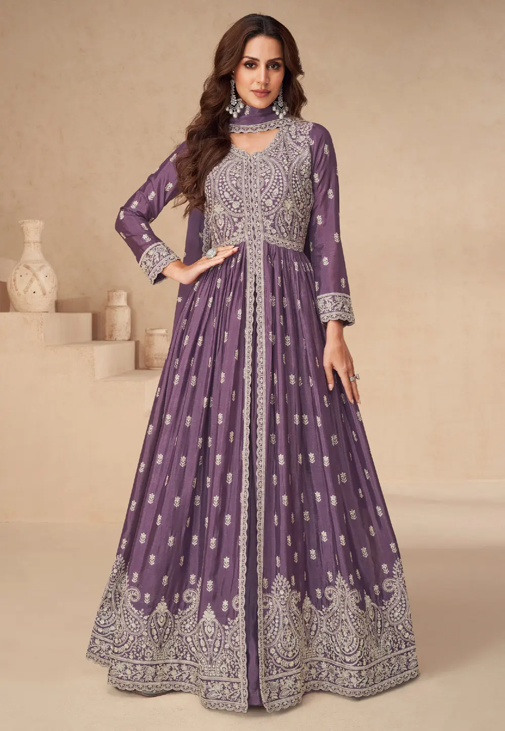 Purple Chinon Silk Indo Western Lehenga Choli 298649