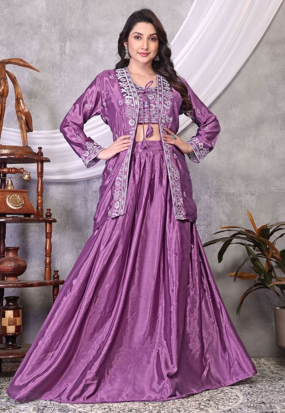 Purple Chinon Silk Jacket Style Lehenga Choli 310338