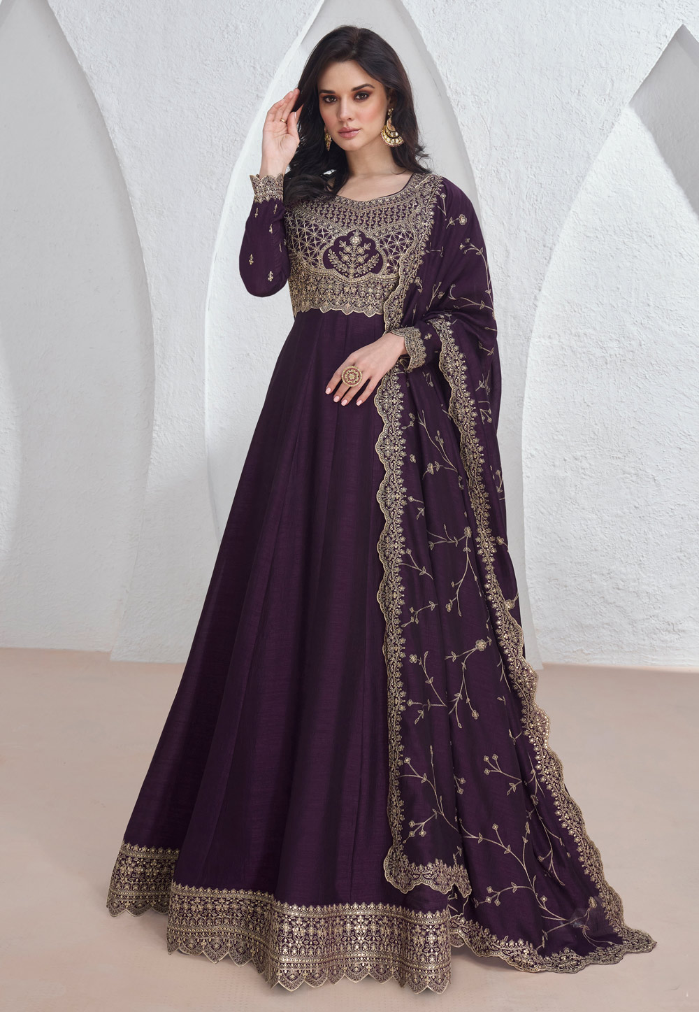 Purple Chinon Silk Long Anarkali Suit 285849