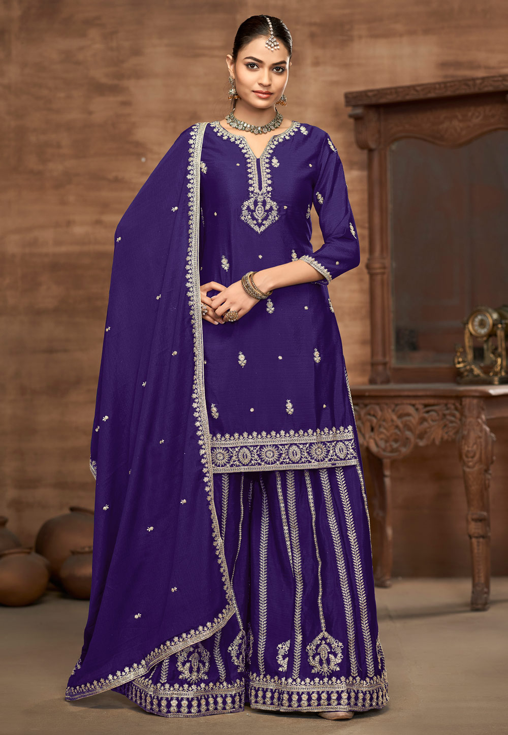 Purple Chinon Silk Pakistani Palazzo Suit 309203