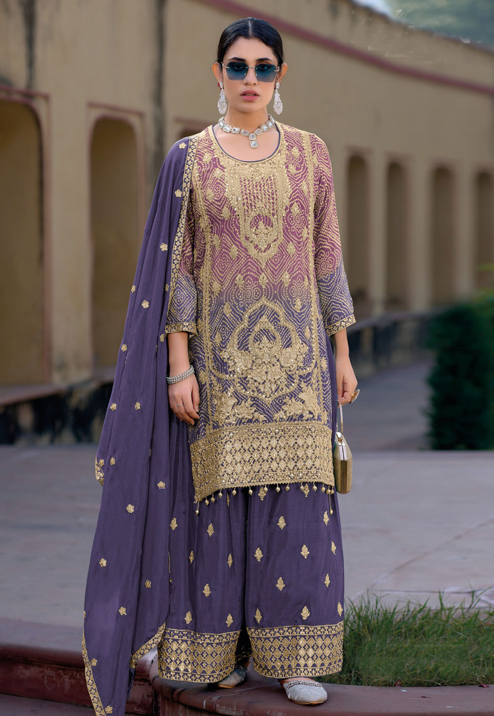 Purple Chinon Silk Pakistani Suit 305533