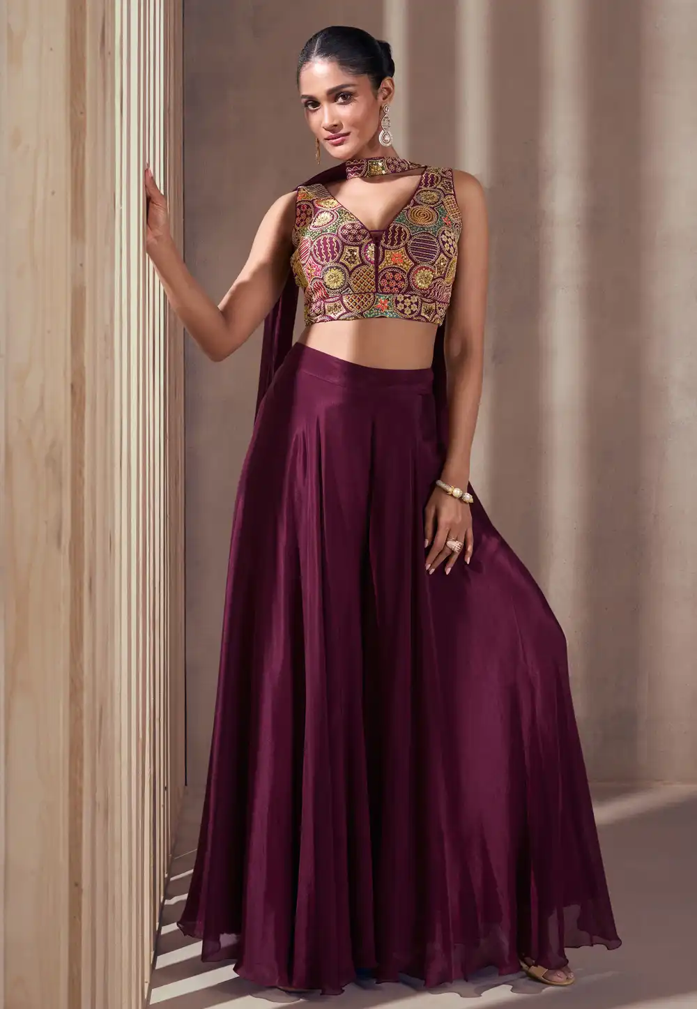 Purple Chinon Silk Palazzo With Crop Top 292148