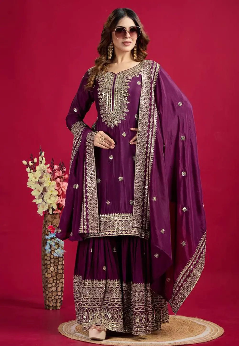 Purple Chinon Silk Readymade Pakistani Suit 304642