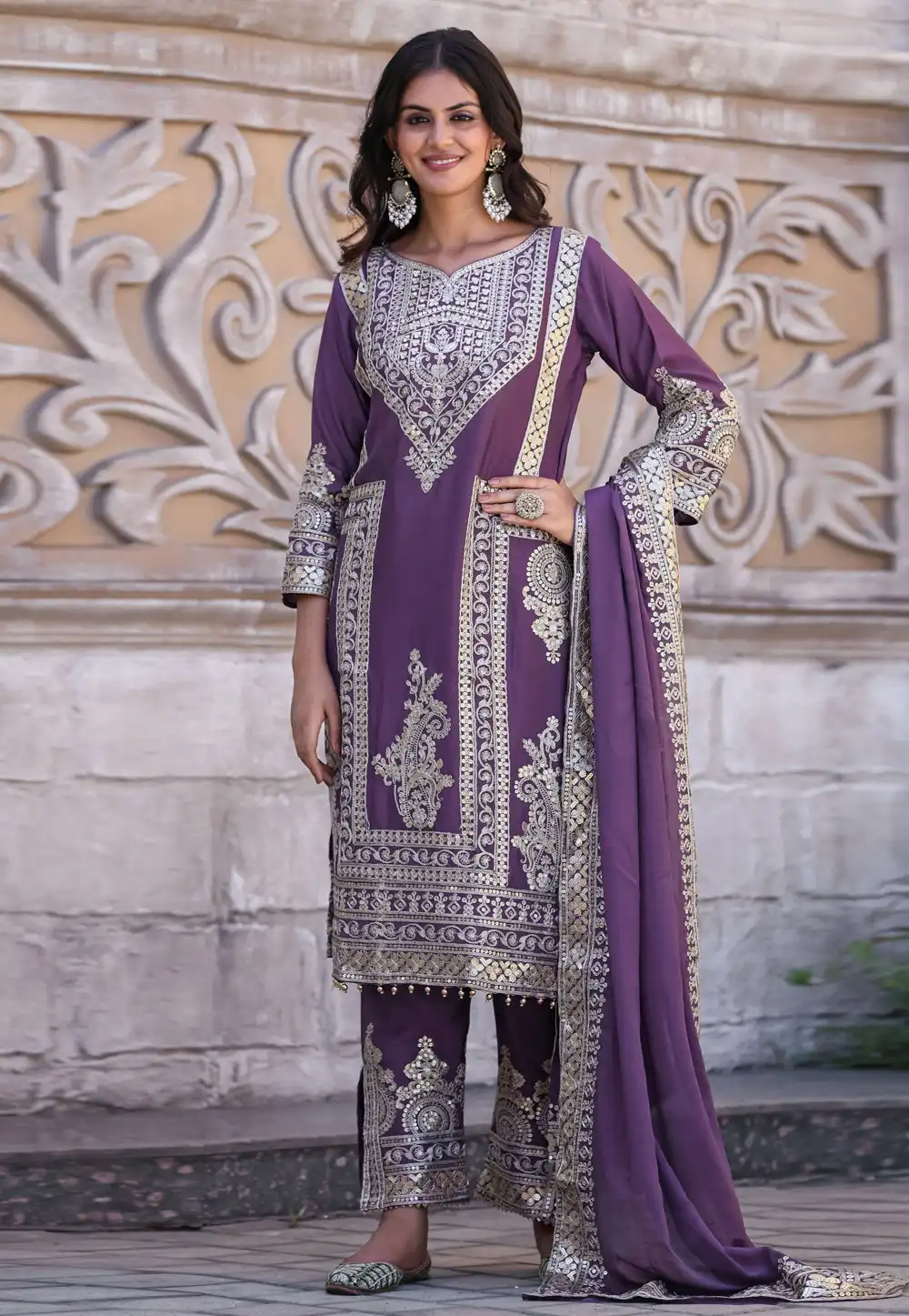 Purple Chinon Silk Readymade Pant Style Suit 290820