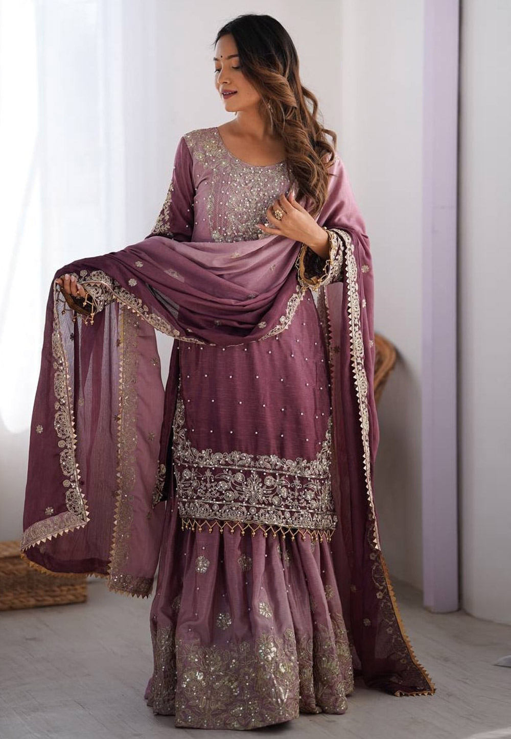 Purple Chinon Silk Readymade Sharara Suit 310723
