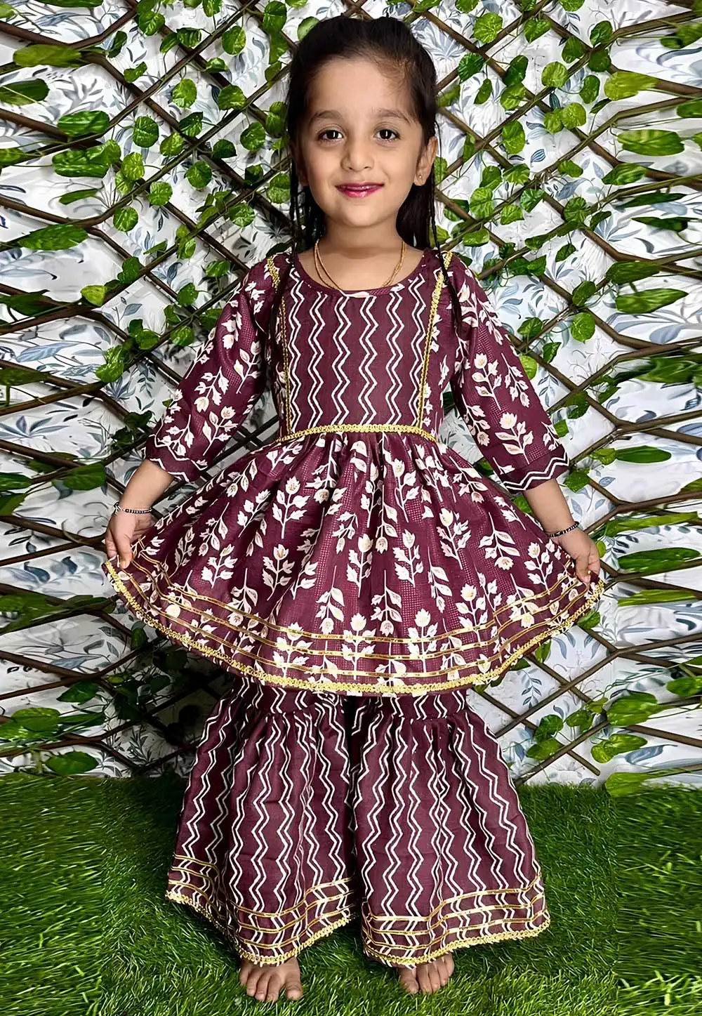 Purple Cotton Kids Sharara Suit 291016