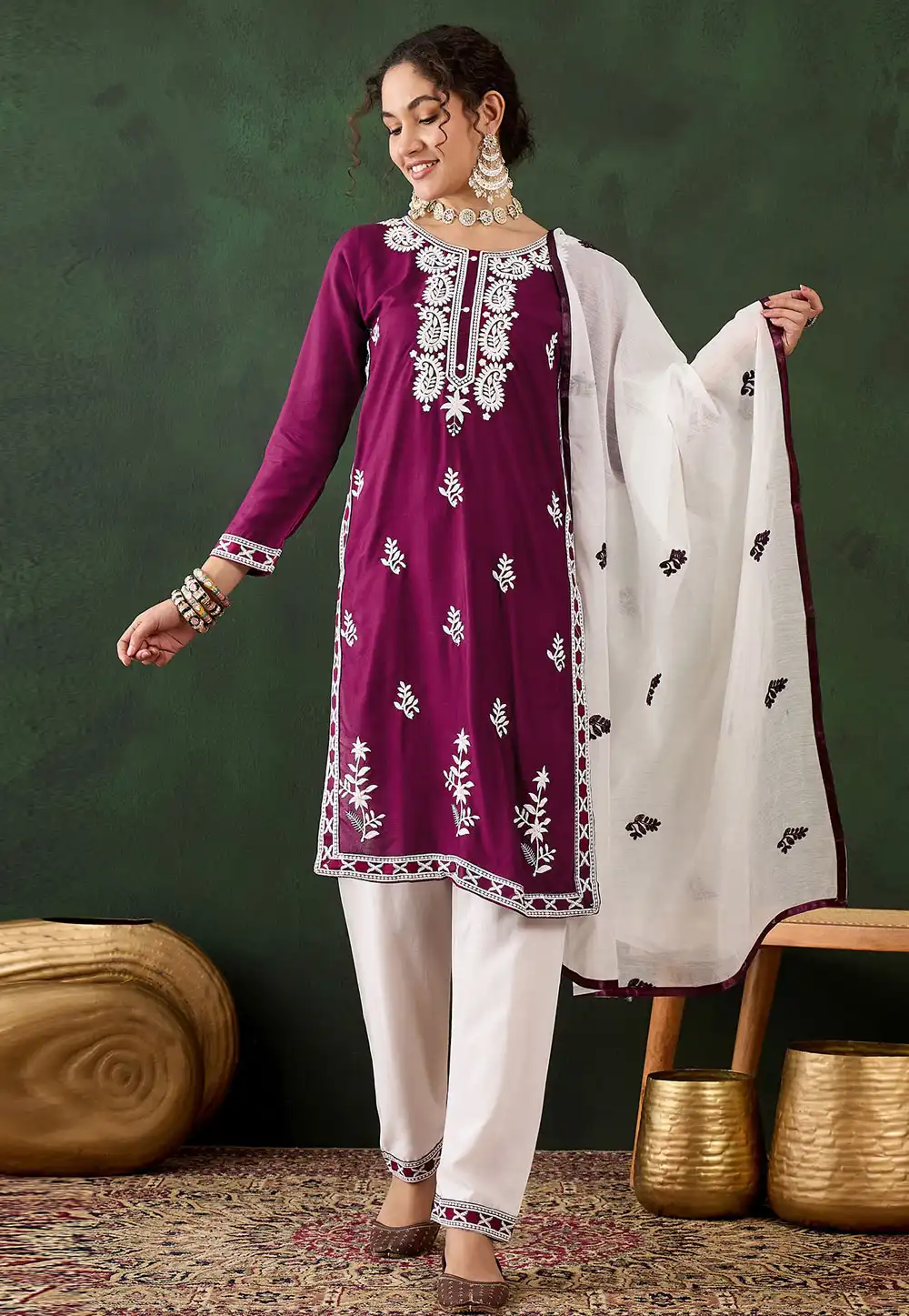 Purple Cotton Rayon Readymade Pant Style Suit 294386