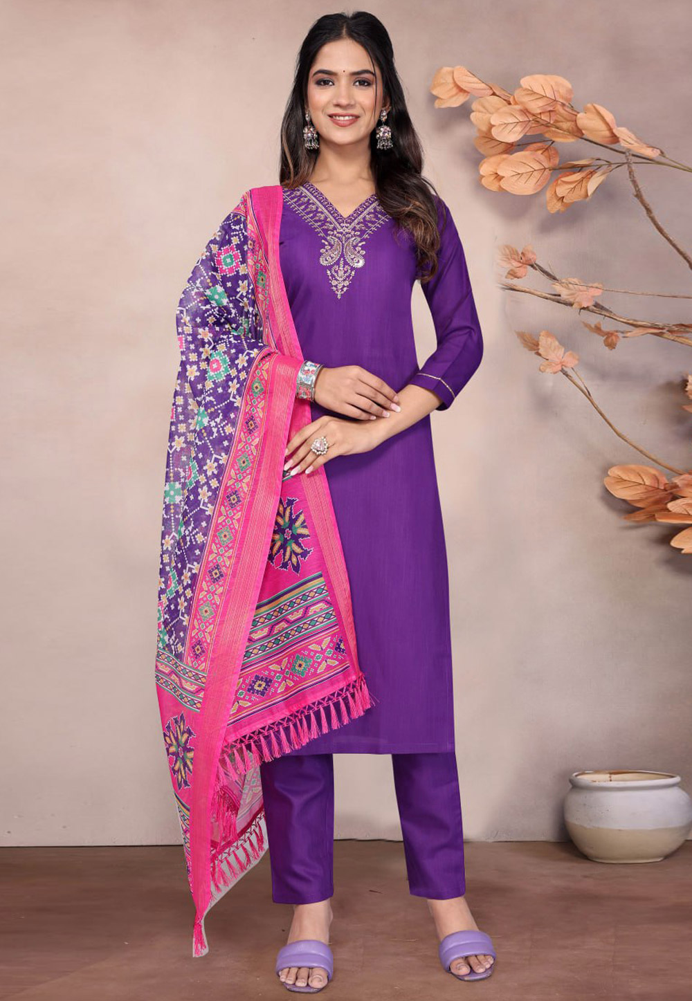 Purple Cotton Readymade Pakistani Suit 306322