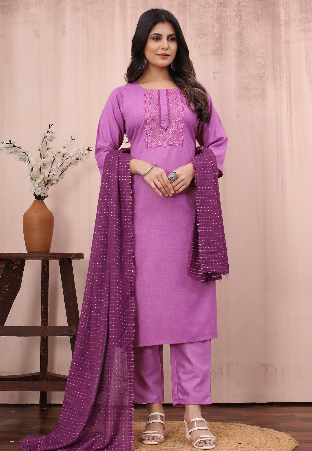Purple Cotton Readymade Pakistani Suit 283184