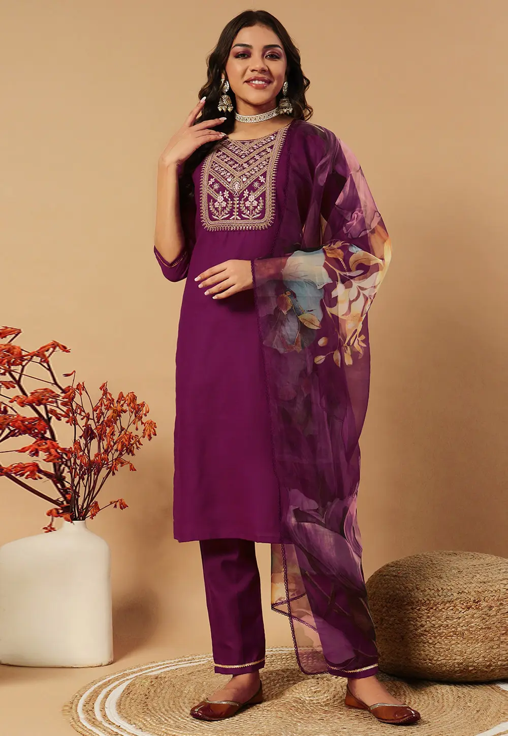 Purple Cotton Readymade Pant Style Suit 301183