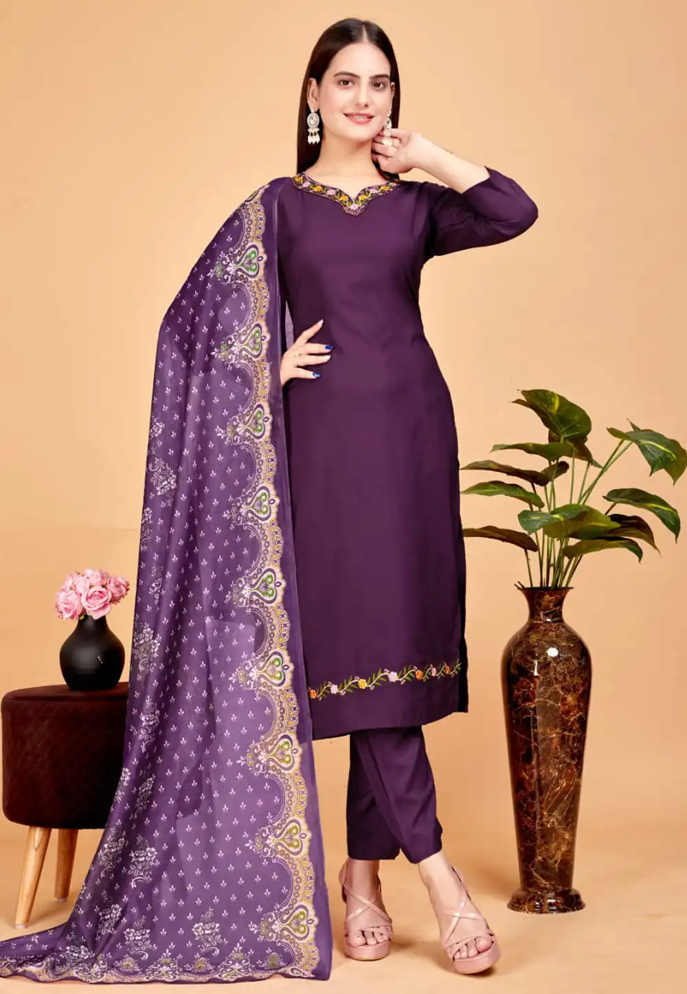 Purple Cotton Readymade Pant Style Suit 290439