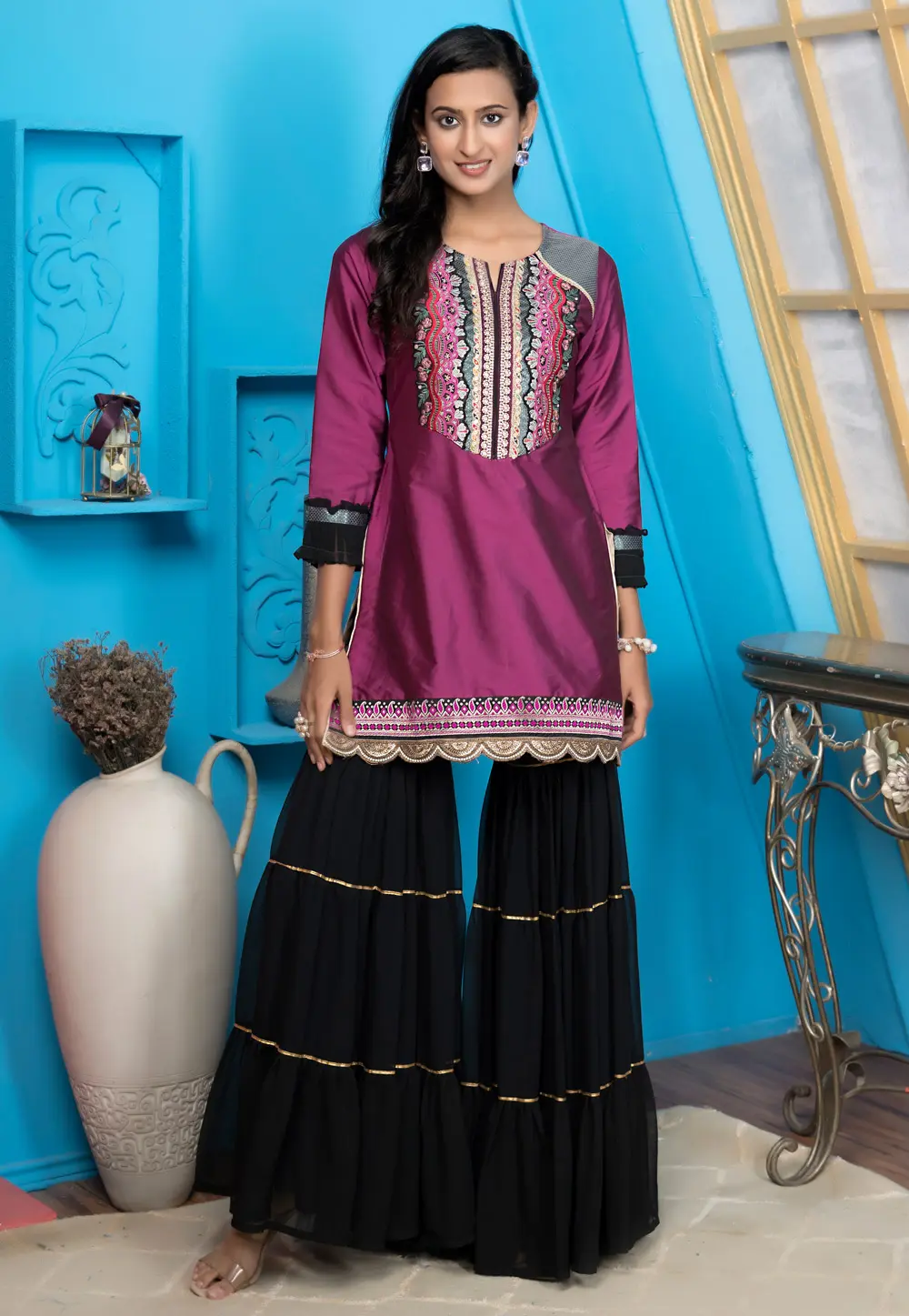 Purple Cotton Silk Readymade Sharara Suit 297906