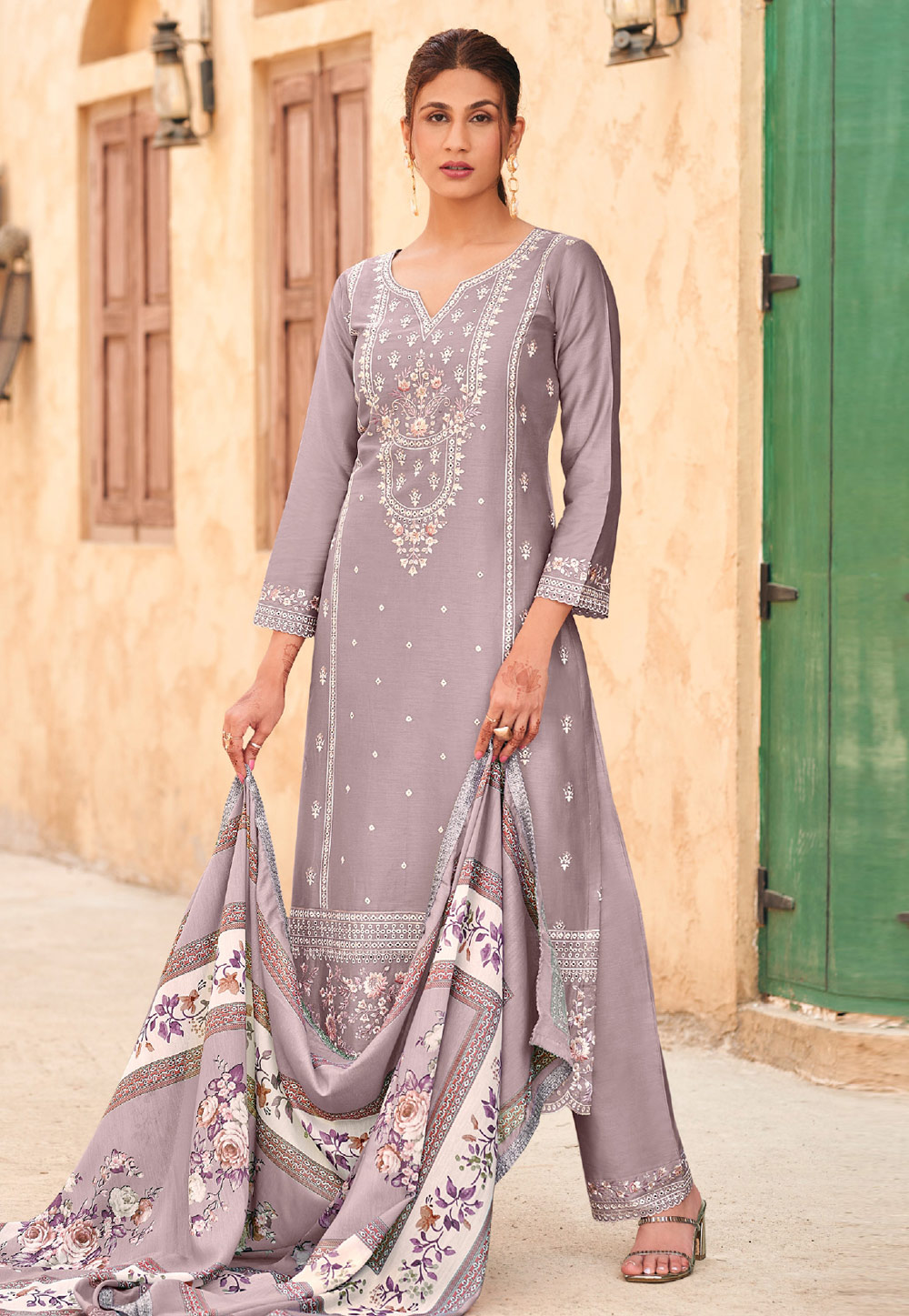 Purple Cotton Straight Suit 310621